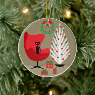 ミッドセンチュリーのクリスマスルームの黒猫 セラミックオーナメント