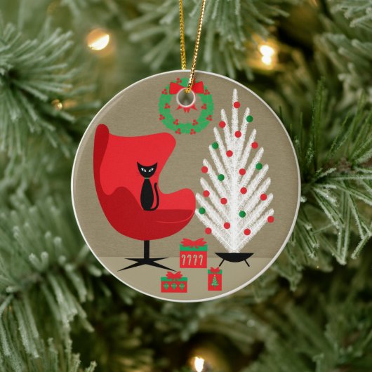 ミッドセンチュリーのクリスマスルームの黒猫 セラミックオーナメント (ツリー)