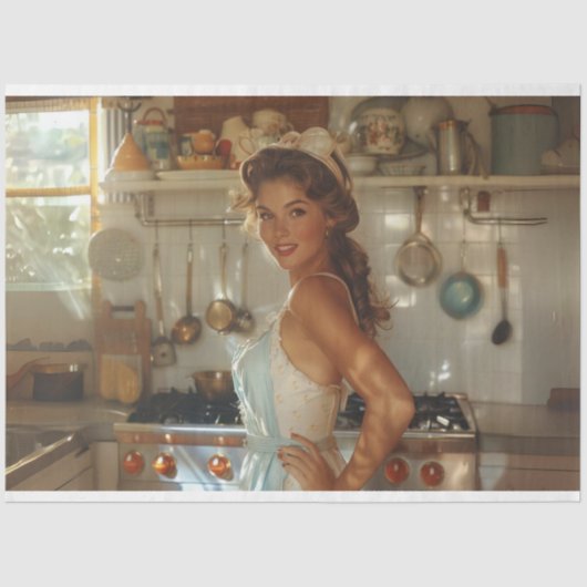 ミッドセンチュリーのノスタルジックな女性を厨房でデクページ 薄葉紙 (正面)