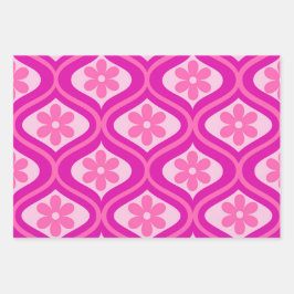 ミッドセンチュリーのレトロ柄のホットピンク色の花 ラッピングペーパーシート