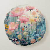 ミッドセンチュリーの水色の春のピンクの花 ラウンドクッション (裏面)