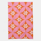 ミッドセンチュリーの白い花ピンクの円パターン キッチンタオル (縦)