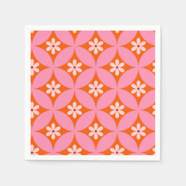 ミッドセンチュリーの白い花ピンクの円パターン スタンダードカクテルナプキン