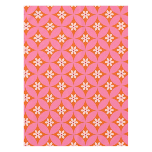 ミッドセンチュリーの白い花ピンクの円パターン テーブルクロス (正面)