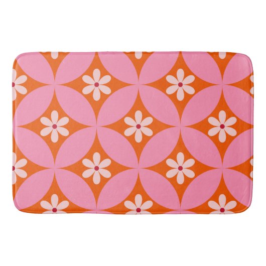 ミッドセンチュリーの白い花ピンクの円パターン バスマット (正面)