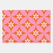 ミッドセンチュリーの白い花ピンクの円パターン ラッピングペーパーシート (正面3)