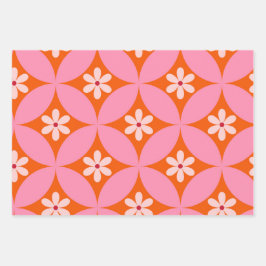 ミッドセンチュリーの白い花ピンクの円パターン ラッピングペーパーシート