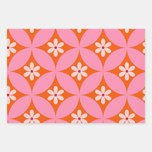 ミッドセンチュリーの白い花ピンクの円パターン ラッピングペーパーシート (正面)