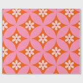 ミッドセンチュリーの白い花ピンクの円パターン ラッピングペーパー (フラット)