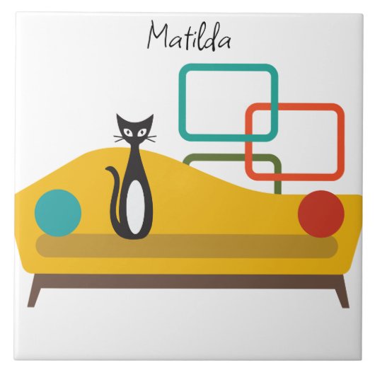 ミッドセンチュリーの黒と白の猫をソファに。1950年代 タイル (正面)