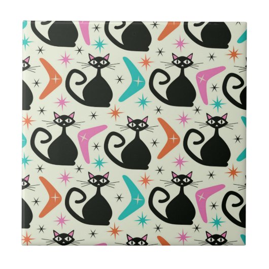 ミッドセンチュリーの黒猫とブーメラン タイル (正面)