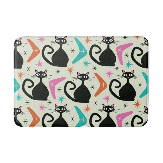 ミッドセンチュリーの黒猫とブーメラン バスマット (正面)