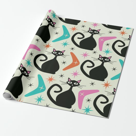 ミッドセンチュリーの黒猫とブーメラン ラッピングペーパー (アンロールド)