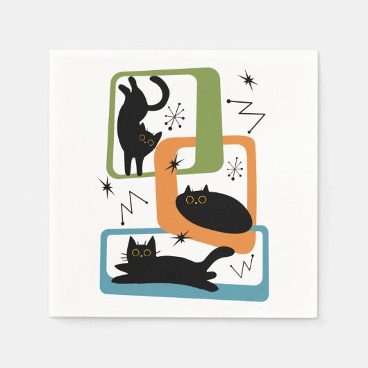 ミッドセンチュリーの黒猫 スタンダードカクテルナプキン (正面)