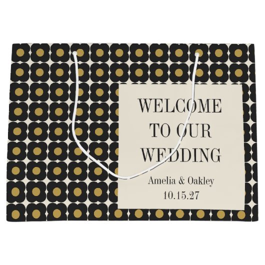 ミッドセンチュリーはっきりしたブラック金ゴールドフローラ結婚ズ・ウェルカム ラージペーパーバッグ (正面)