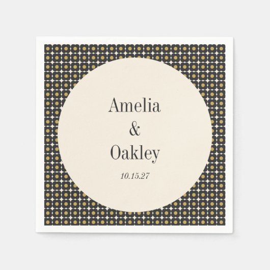 ミッドセンチュリーはっきりしたブラック金ゴールド結婚フローラカスタムズ スタンダードカクテルナプキン (正面)