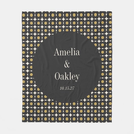 ミッドセンチュリーはっきりしたブラック金ゴールド結婚フローラカスタムズ フリースブランケット (正面)