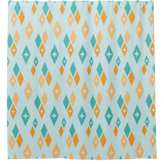 ミッドセンチュリーアトミックダイアモンズアクア、ティール（緑がかった色）、オレンジ シャワーカーテン (正面)