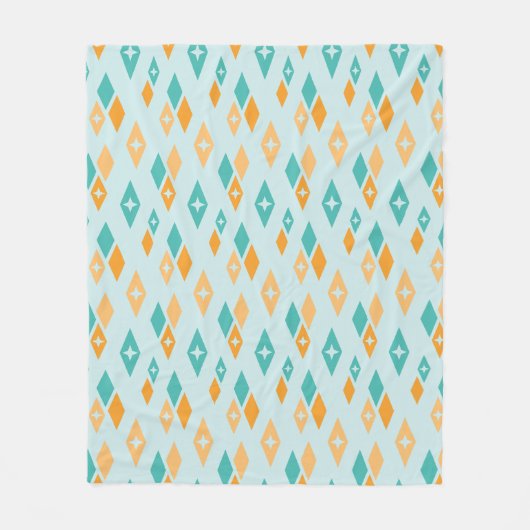 ミッドセンチュリーアトミックダイアモンズアクア、ティール(緑がかった色)、オレンジ フリースブランケット (正面)