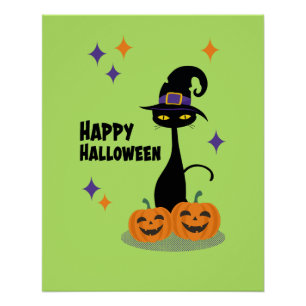 ミッドセンチュリーアトミックハロウィーンキャットグリーン ポスター