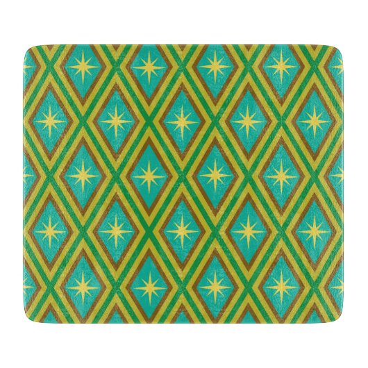 ミッドセンチュリーイエロースターズオンレトロダイヤモンドパターン カッティングボード (正面)