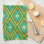 ミッドセンチュリーイエロースターズオンレトロダイヤモンドパターン キッチンタオル (四つ折り)