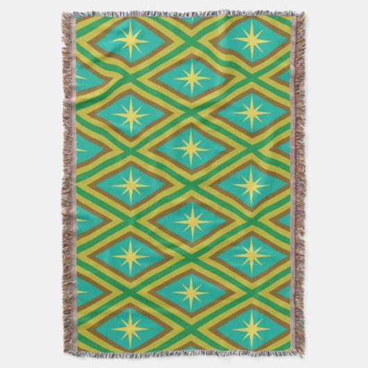 ミッドセンチュリーイエロースターズオンレトロダイヤモンドパターン スローブランケット (正面縦)