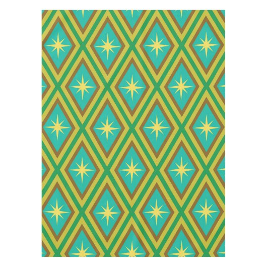 ミッドセンチュリーイエロースターズオンレトロダイヤモンドパターン テーブルクロス (正面)