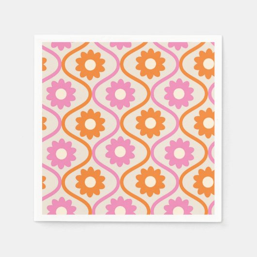 ミッドセンチュリーオギーのオレンジとピンクの花 スタンダードカクテルナプキン (正面)