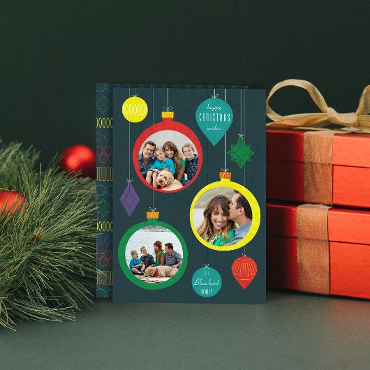 ミッドセンチュリーオーナメントスリーフォトホリデーカード シーズンカード