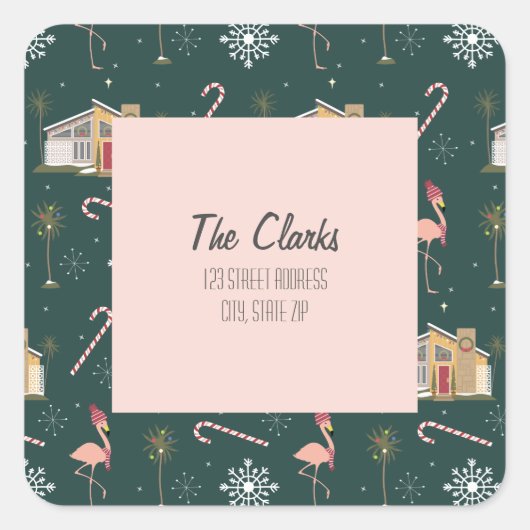 ミッドセンチュリークリスマスピンクハウスパームツリーアドレス スクエアシール (正面)