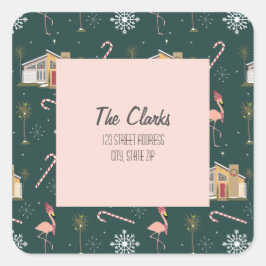 ミッドセンチュリークリスマスピンクハウスパームツリーアドレス スクエアシール