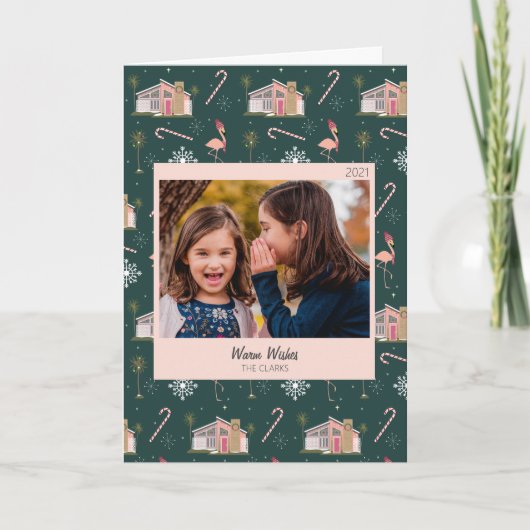 ミッドセンチュリークリスマスピンクハウスパームツリーフォトホ シーズンカード (正面)