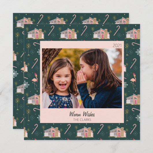 ミッドセンチュリークリスマスピンクハウスパームツリーフォト  シーズンカード (正面/裏面)