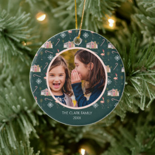 ミッドセンチュリークリスマスピンクハウスパームツリーフォト セラミックオーナメント