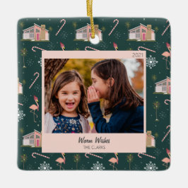 ミッドセンチュリークリスマスピンクハウスパームツリーフォト セラミックオーナメント