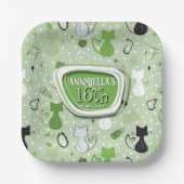 ミッドセンチュリーグリーンハートキャッツ誕生日 ペーパープレート (正面)