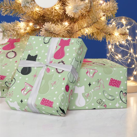 ミッドセンチュリーグリーンハート猫 ラッピングペーパー (クリスマス)