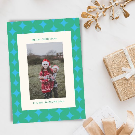 ミッドセンチュリーグリーンブルー幾何学的クリスマスフォト シーズンカード