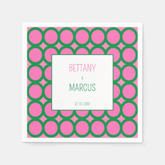 ミッドセンチュリーグリーン&ピンク幾何学円 スタンダードカクテルナプキン (正面)