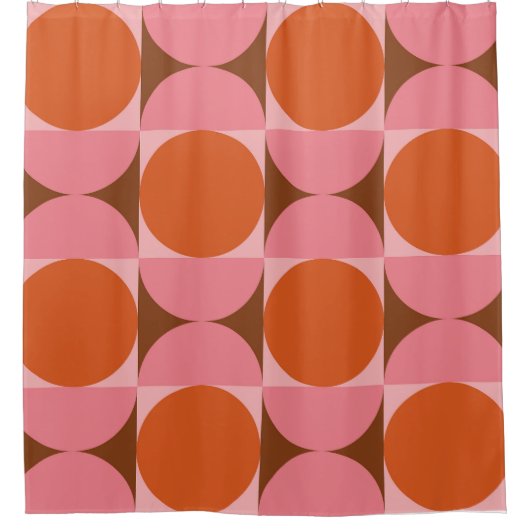 ミッドセンチュリーサークルとハーフサークルピンクのオレンジ シャワーカーテン (正面)