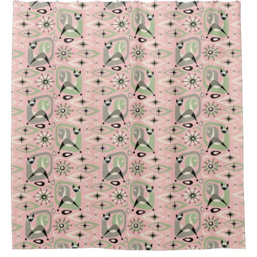 ミッドセンチュリーシャメネコ抽象芸術 シャワーカーテン (正面)