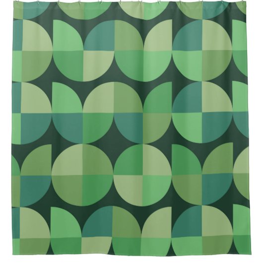 ミッドセンチュリージオメトリグリーンティール（緑がかった色）パターン シャワーカーテン (正面)