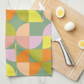 ミッドセンチュリージオメトリックデザイングリーンイエローピンクプール キッチンタオル (四つ折り)