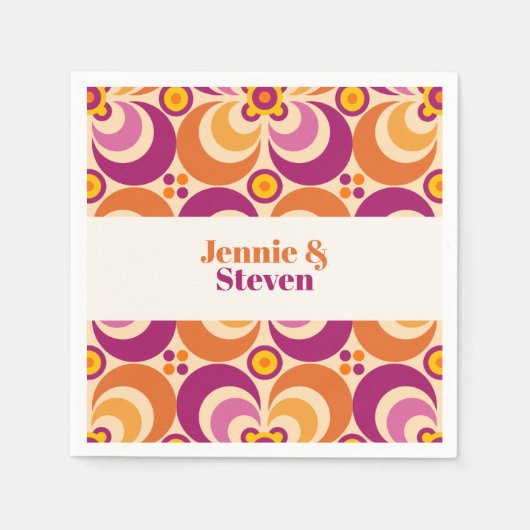 ミッドセンチュリージオメトリックフローラ紫オレンジ スタンダードカクテルナプキン (正面)
