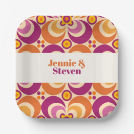ミッドセンチュリージオメトリックフローラ紫オレンジ ペーパープレート