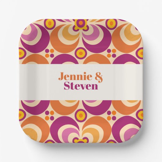 ミッドセンチュリージオメトリックフローラ紫オレンジ ペーパープレート (正面)