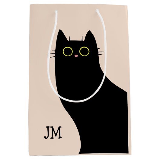 ミッドセンチュリースタイルのかわいい黒猫 ミディアムペーパーバッグ (正面)