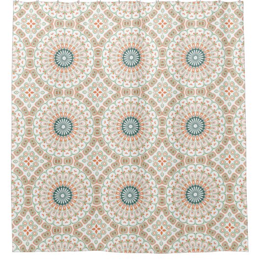 ミッドセンチュリースタイルグリーンアンドオレンジメダリオン シャワーカーテン (正面)