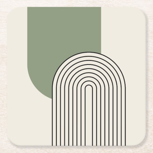 ミッドセンチュリースタイルラインアートと緑のアーチ スクエアペーパーコースター (正面)